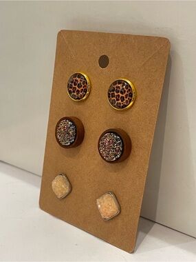 Set of 3 Handmade Stud Earrings Leopard and Druzy Style - E3